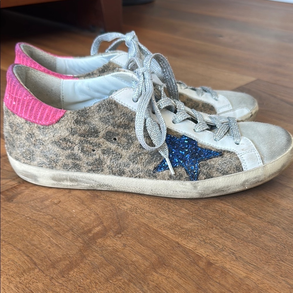 Golden Goose Leopard print with Blue Sparkle stars, silver laces Sneakers